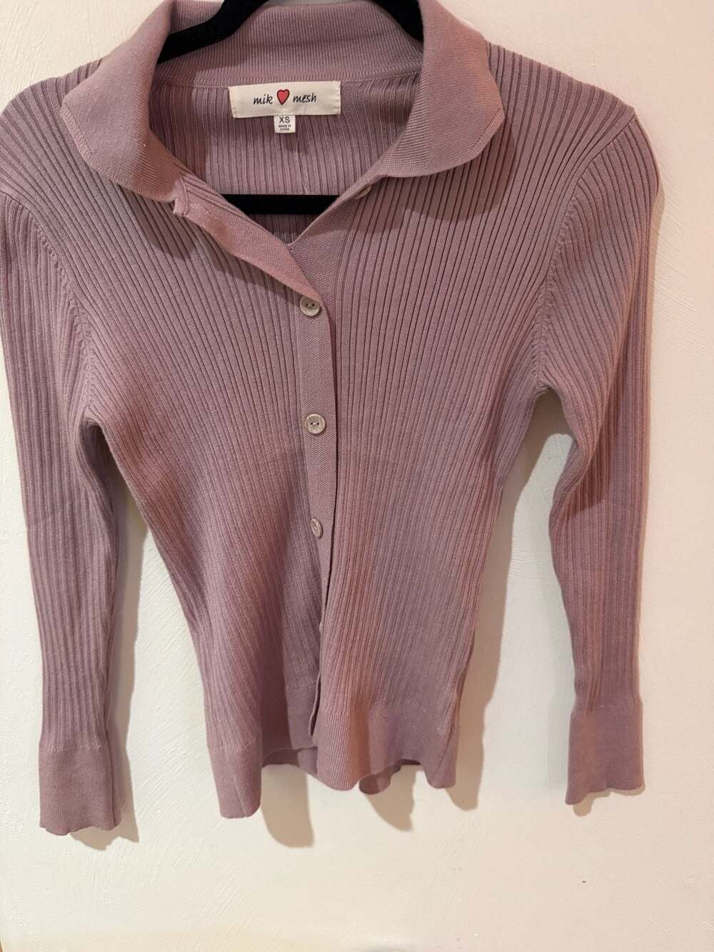 Mik Mesch Women XS Mauve Ribbed Knit Cardigan Polo Top Y2K Button Front NWOT
